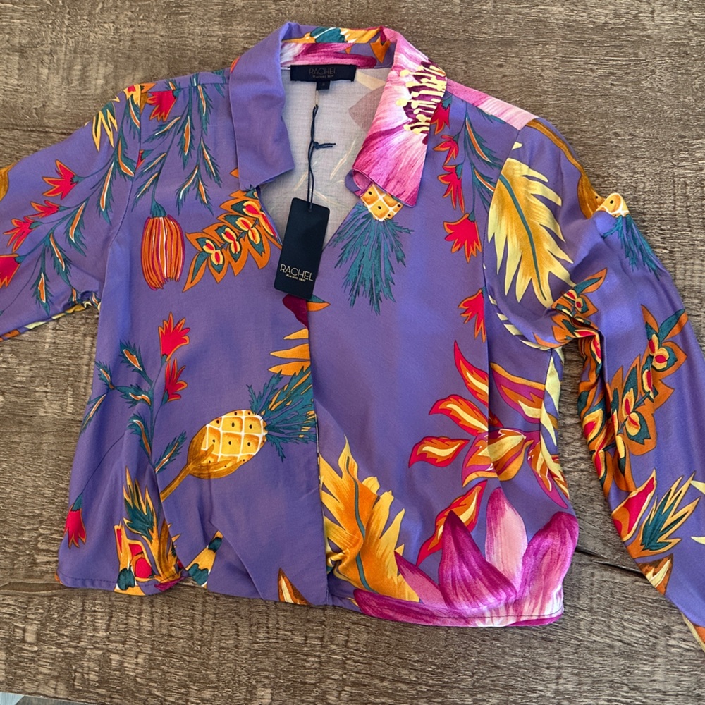 Rachel Purple Tropical Bird of Paradiae Print Blouse - Size Small